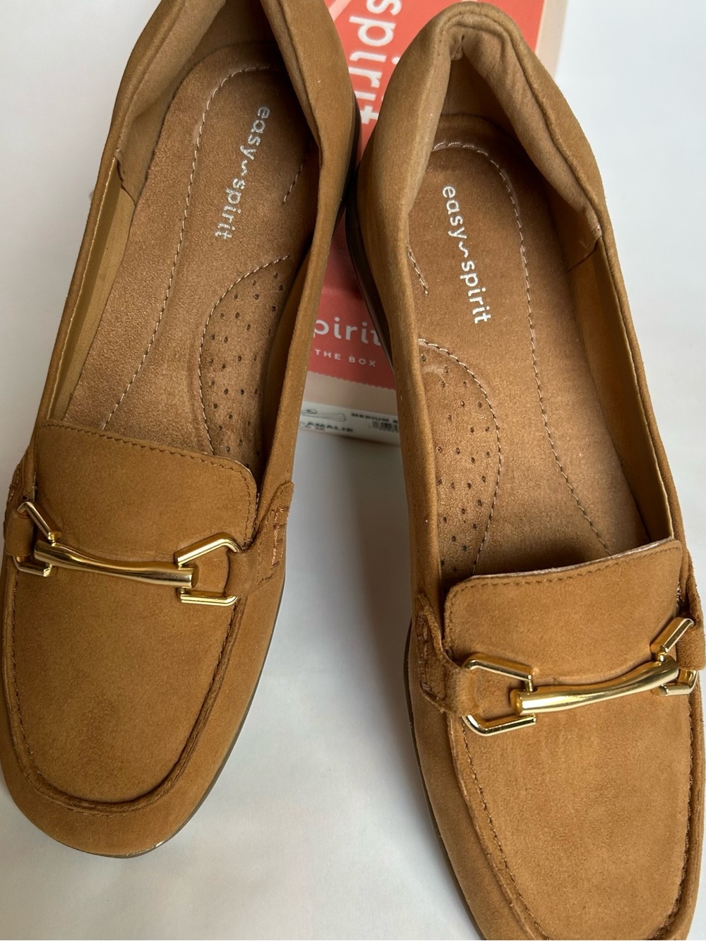 Easy Spirit Women's Tan Suede Loafers with Gold Accent